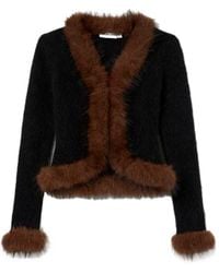 Self-Portrait - Cropped Faux Fur Trim Cardigan - Lyst