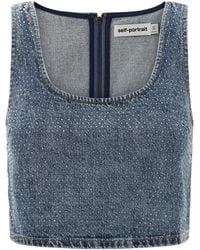Self-Portrait - Embellished Denim Cropped Top - Lyst