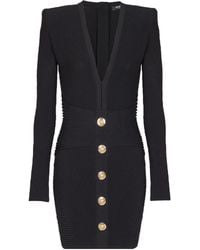 Balmain - V-Neck Ribbed Long-Sleeved Dress - Lyst