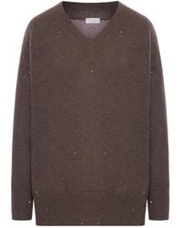 Brunello Cucinelli - V-Neck Sequin Embellished Knitted Jumper - Lyst