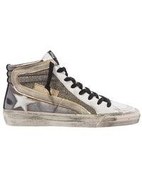 Golden Goose - Slide Distressed Suede-Trimmed Leather And Lurex High-Top Sneakers - Lyst