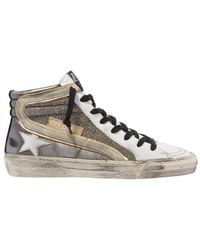 Golden Goose - Slide Distressed Suede-Trimmed Leather And Lurex High-Top Sneakers - Lyst
