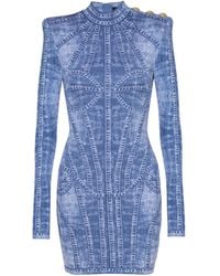Balmain - Jacquard Denim-Effect Mini Dress - Lyst