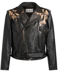 Etro - Leather Biker Jacket With Placed Leopard Print - Lyst