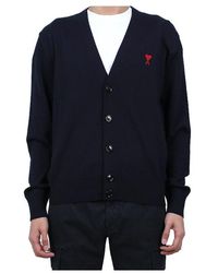 Ami Paris - Heart Logo Embroidered Wool Cardigan - Lyst