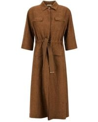 Herno - Drawstring-Waist Linen Midi Dress - Lyst