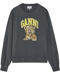 Ganni - Graphic Long-Sleeve Cotton T-Shirt - Lyst
