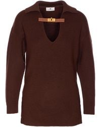 Elisabetta Franchi - Ribbed Knit Buckle-Detail Polo-Collar Jumper - Lyst