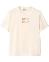 MIU MIUストーン装飾 ホワイト Tシャツ S miu ミュウミュウ Tシャツ MIU レディース ラインストーン