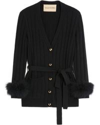 Valentino - Feather-Cuff Ribbed Cardigan - Lyst