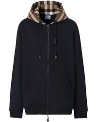 Burberry - Check Detailed Zipped Drawstring Hoodie - Lyst