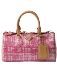 Prada - Evasion Small Linen Blend And Leather Top-Handle Bag - Lyst
