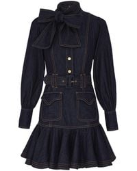 Zimmermann - Tied-Neck Ruffled Denim Dress - Lyst