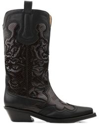 Ganni - Mid Shaft Embroidered Western Boots - Lyst