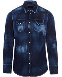 DSquared² - Distressed Denim Shirt With Classic Collar - Lyst