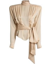 Balmain - Silk Charmeuse Blouse With Padded Shoulders And Tie - Lyst