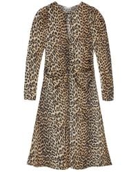 Ganni - Leopard Print Satin Ruched Midi Dress - Lyst