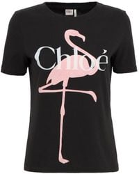 Chloé - Cotton Jersey T-Shirt W/ Flamingo Print - Lyst