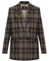 Etro - Double-Breasted Stretch Wool Jacket With Check Motif - Lyst