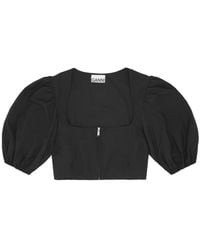 Ganni - Puff Sleeved Cropped Top - Lyst