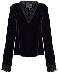 Ganni - Lace-Trimmed Velvet Top - Lyst