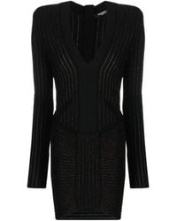 Balmain - V-Neck Ribbed Knit Mini Dress - Lyst