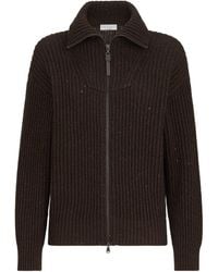 Brunello Cucinelli - Sparkling Dazzling Cashmere And Wool Ribbed Cardigan With Shiny Zipper Pull - Lyst