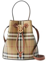 Burberry - Logo Plaque Checked Drawstring Bucket Bag - Lyst