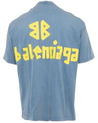 Balenciaga Handle With Care Patched Sleeves T-Shirt in Blue