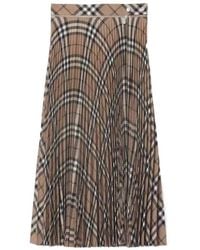 Burberry - Pleated Warped Check Midi Skirt - Lyst