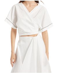 Brunello Cucinelli - Shiny Trim Poplin Kimono-Style Top - Lyst