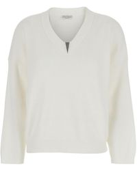 Brunello Cucinelli - Monili-Embellished V-Neck Jumper - Lyst