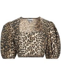 Ganni - Leopard Print Square Neck Short Sleeve Top - Lyst