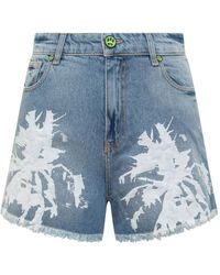 Barrow - Abstract Printed Fringed Denim Shorts - Lyst
