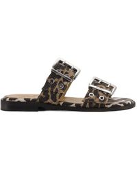 Ganni - Leopard Denim Feminine Buckle Two-Strap Sandals - Lyst