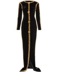 Balmain - Embroidered Trim Long Velvet Dress - Lyst