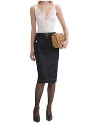 Self-Portrait - Belted Waist Denim Midi Skirt - Lyst