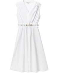 MICHAEL Michael Kors - Stretched Poplin Belted Midi Dress - Lyst