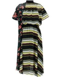 Sacai - Floral Printed Stripe Detailed Midi Dress - Lyst