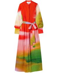 Oscar de la Renta - Belted Pintucked Printed Cotton-Blend Poplin Maxi Dress - Lyst