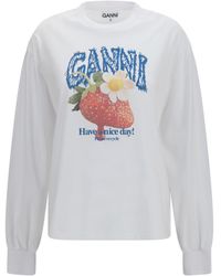 Ganni - Strawberry Long-Sleeve Cotton T-Shirt - Lyst