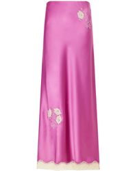Anna Sui - Lace-Trimmed Embroidered Satin Midi Skirt - Lyst