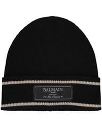 Balmain - Logo Patch Ribbed Beanie Hat - Lyst