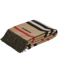 Burberry - Logo Embroidered Striped Fringed Scarf - Lyst