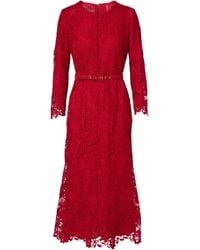 Monique Lhuillier - Belted Lace Midi Dress - Lyst