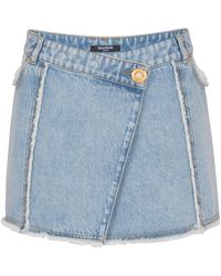 Balmain - Logo Patch Denim Mini Skirt - Lyst