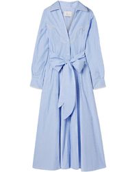 Johanna Ortiz - Vela De Cruz Belted Embroidered Striped Poplin Midi Shirt Dress - Lyst
