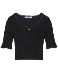 Prada - Cropped Ribbed Cotton T-Shirt - Lyst