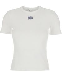 Celine - T-Shirt With Triomphe Logo Embroidery On The Front - Lyst