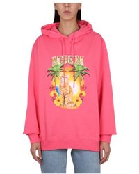 MSGM - Graphic Print Hooded Sweatshirt With Ribbed Design - Lyst